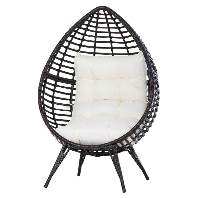 Outsunny Sillón de Exterior de Ratán en Forma de Lágrima con Cojín Acolchado Estilo Moderno para Jardín Terraza Balcón Carga 160 kg 101x89x156 cm Marrón y Crema