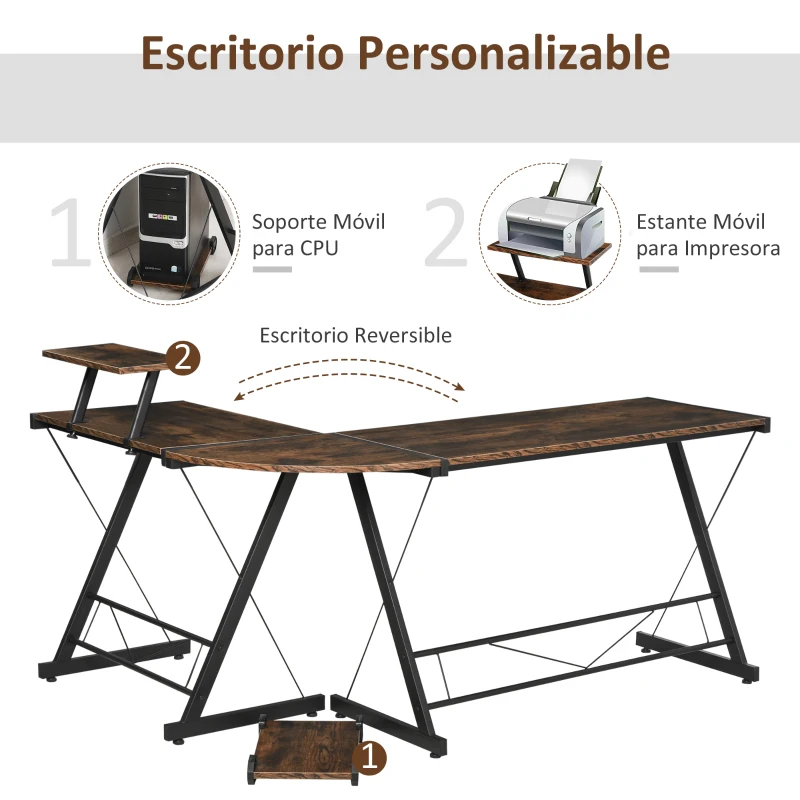 HOMCOM Mesa Escritorio de Oficina de Forma L con Soporte de CPU Estante de Impresora Niveladores Ajustables Gran Espacio Marco Metálico 155x115x91,5 cm Marrón