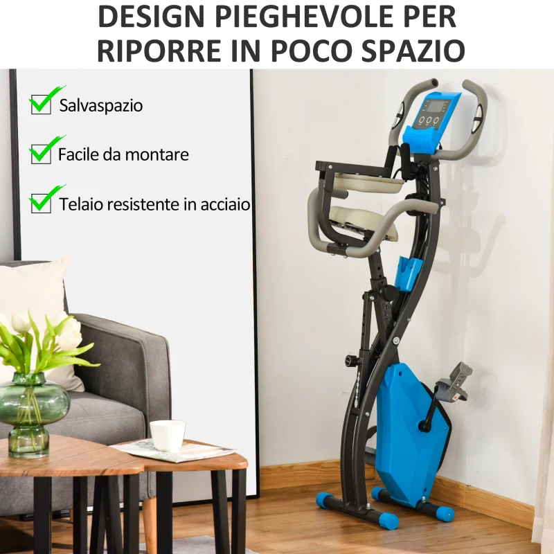 HOMCOM Cyclette Pieghevole 8 Livelli di Resistenza con Seduta regolabile, Blu e Grigia