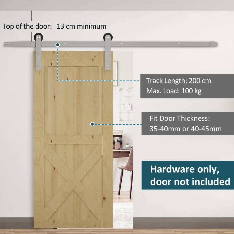 HOMCOM 6.5FT / 2m Stainless Steel Sliding Door Kits Barn Hardware Closet Set Modern Style Track System For Single Wooden Door