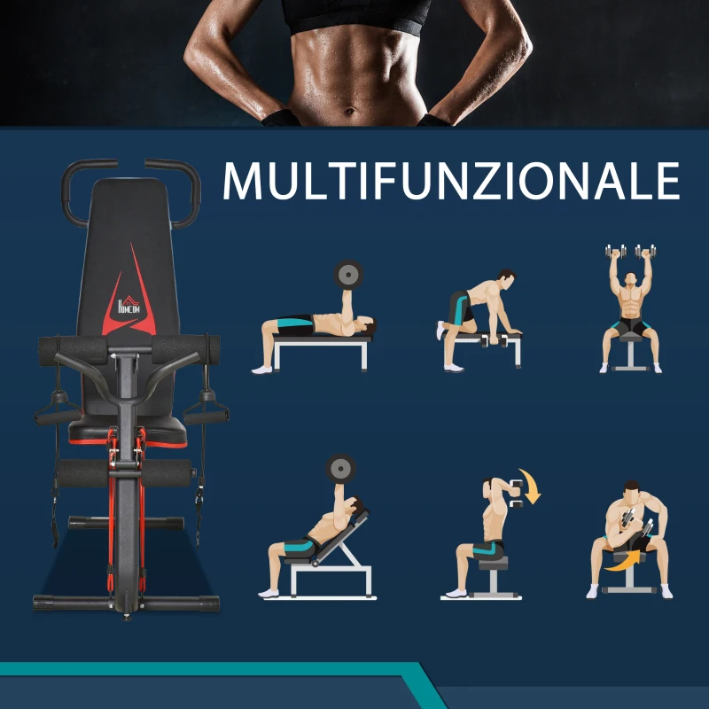 HOMCOM Panca Multifunzione, 6 livelli di Inclinazione, fino a 150 kg, in Acciaio e Pelle sintetica, 145x49x57-127 cm, Nera e Rossa
