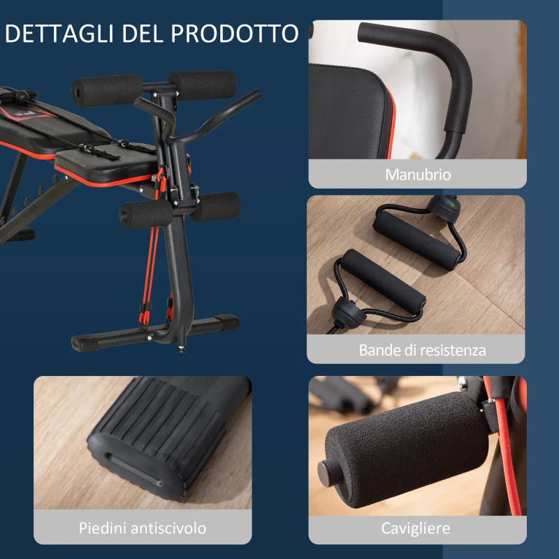 HOMCOM Panca Multifunzione, 6 livelli di Inclinazione, fino a 150 kg, in Acciaio e Pelle sintetica, 145x49x57-127 cm, Nera e Rossa