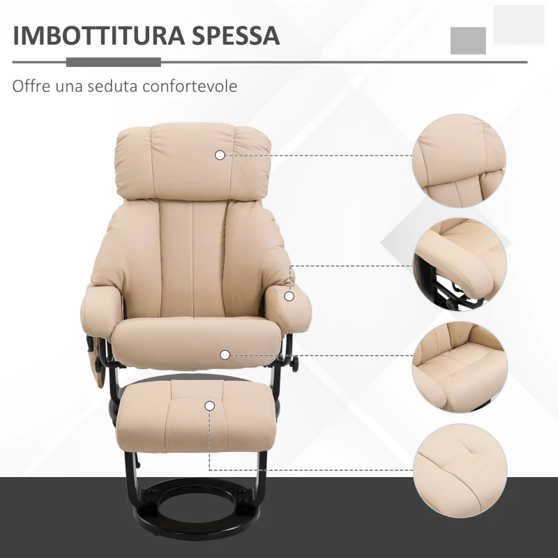 HOMCOM Poltrona Relax Reclinabile e Massaggiante con Pouf Poggiapiedi e Telecomando, 76x80x102 cm Crema