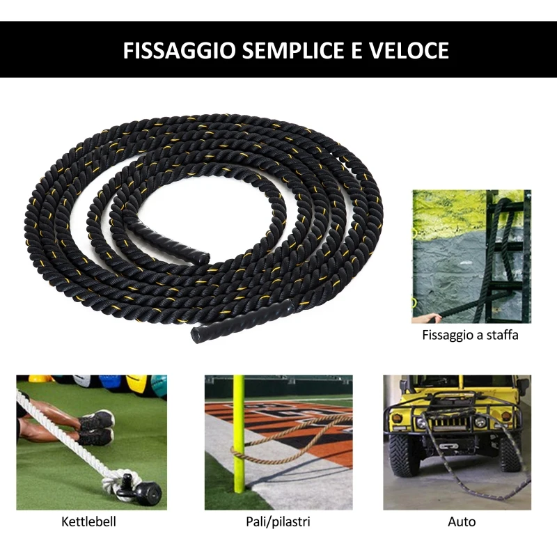 HOMCOM Corda da Allenamento Battle Rope, Ø38mmx12m, Nero e Giallo