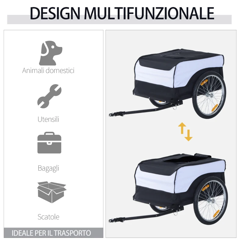 HOMCOM Rimorchio per Bici in Acciaio e Tessuto Oxford, Carico 40 kg, 140x77x65cm Nero e Bianco