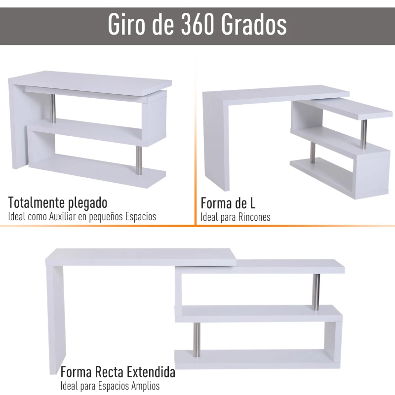 HOMCOM Mesa de Escritorio con Estantería para Hogar de MDF y Acero Inoxidable 187,5x50x76,1 Blanco