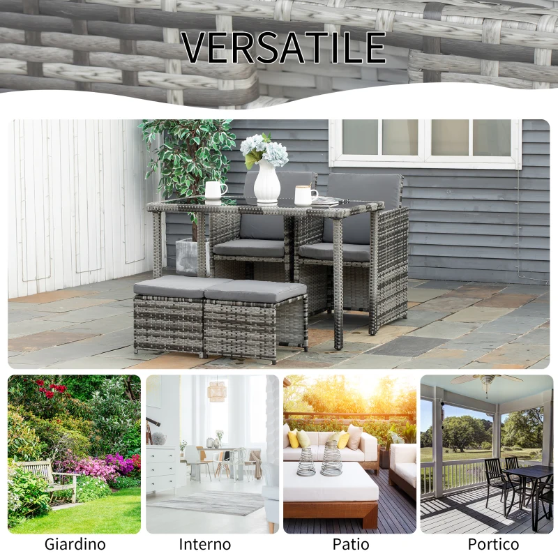 Outsunny Set 11 Pz Tavolo da Giardino con Sedie, Pouf e Cuscini, in Rattan PE, Grigio