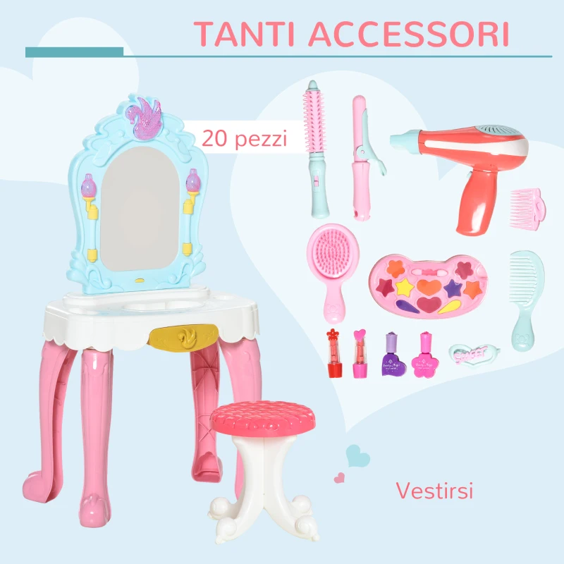 HOMCOM Toeletta Tavolo Trucco Giocattolo 20 Pezzi, per Bambini +3 Anni, 41x27x82cm