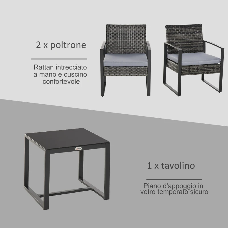 Outsunny Set da Giardino in Rattan 3 pezzi, 2 Poltrone con Cuscino e Tavolino, Grigio