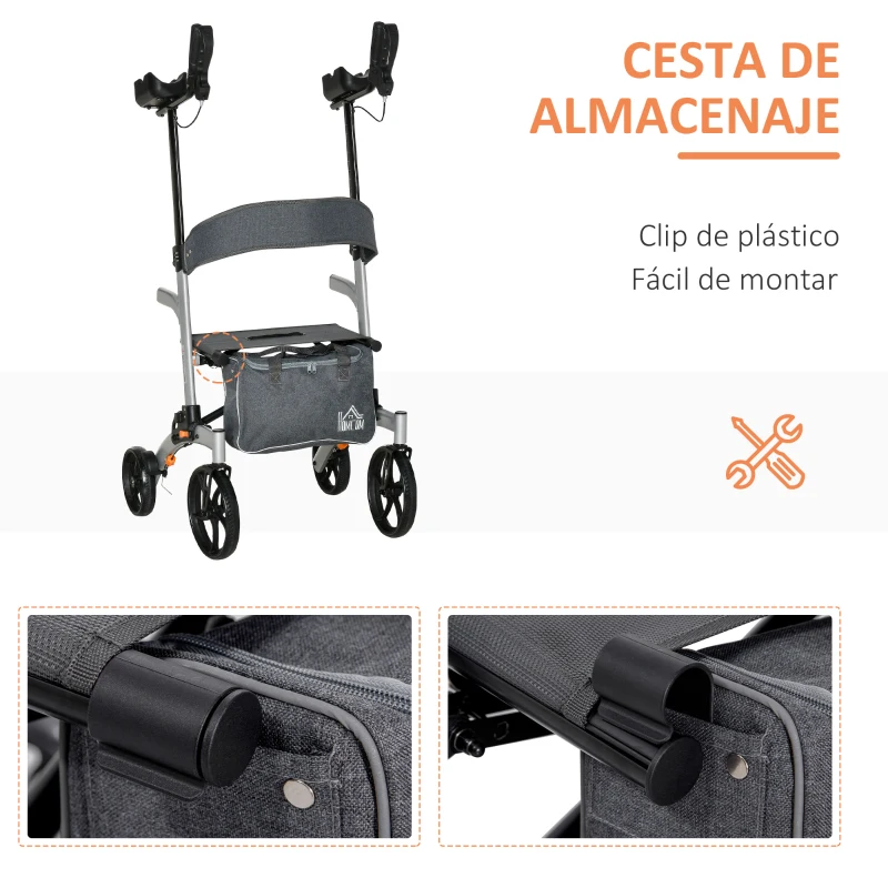 HOMCOM Andador para Ancianos Plegable de Aluminio con Altura Regulable Asiento 4 Ruedas Frenos Manuales Reposabrazos y Cesta para Personas Mayores 73x64x106-136 cm Gris