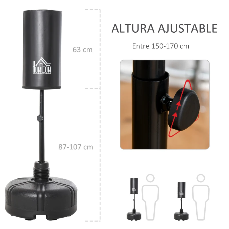 HOMCOM Saco de Boxeo de Pie con Soporte Ajustable en Altura de 3 Niveles Punching Ball con Base Rellenable de Arena 45 kg o Agua 30 kg para Hogar Gimnasio Ø68x150-170 cm Negro