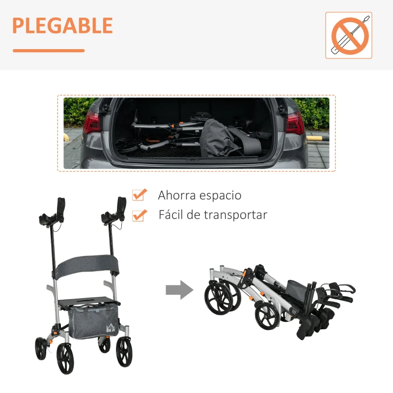 HOMCOM Andador para Ancianos Plegable de Aluminio con Altura Regulable Asiento 4 Ruedas Frenos Manuales Reposabrazos y Cesta para Personas Mayores 73x64x106-136 cm Gris