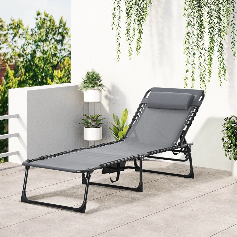 Outsunny Portable Sun Lounger, Folding Camping Bed Cot, Reclining Lounge Chair 5-position Adjustable Backrest with Side Pocket, Pillow for Patio Garden Beach Pool, Grey