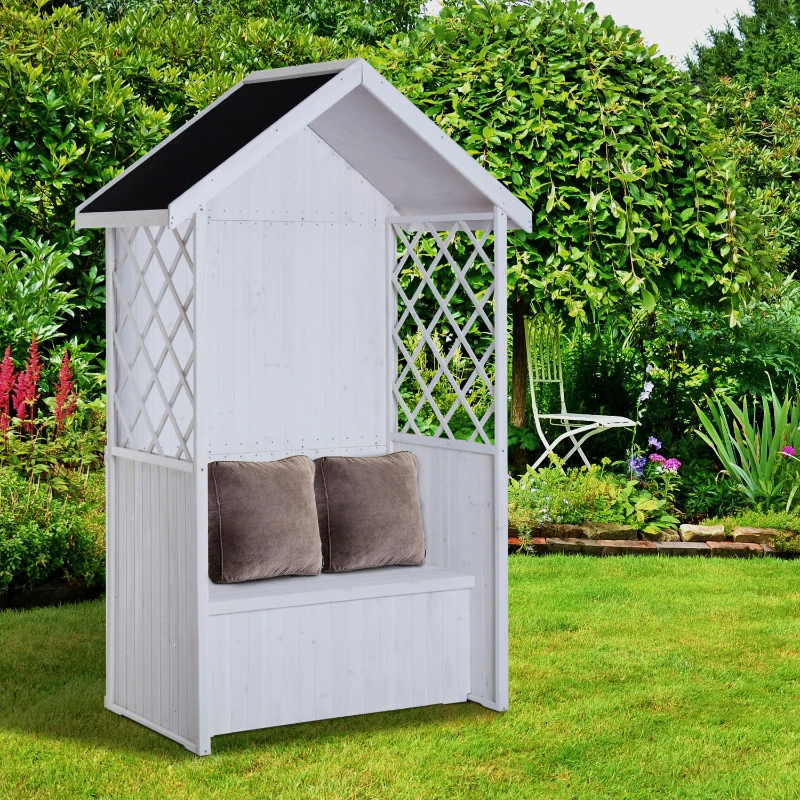 Outsunny Wooden Arbour Double Seat Bench with Storage Box Lattice Side Solid Roof Outdoor Garden Furniture Chair, White