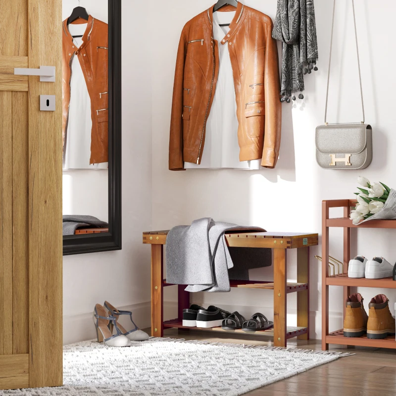 HOMCOM Acacia Wood Shoe Bench,  3-Tier Shoe Storage Rack, Hallway Organizer Shelf, for Entryway, Living Room, Bedroom, 70 x 28 x 45 cm, Teak