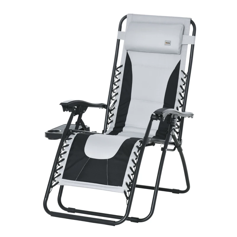 Outsunny Zero Gravity Chair, Folding Recliner, Patio Sun Lounger with Cup Holder, Adjustable Backrest, Padded Pillow for Outdoor, Patio, Deck, Poolside, Light Grey
