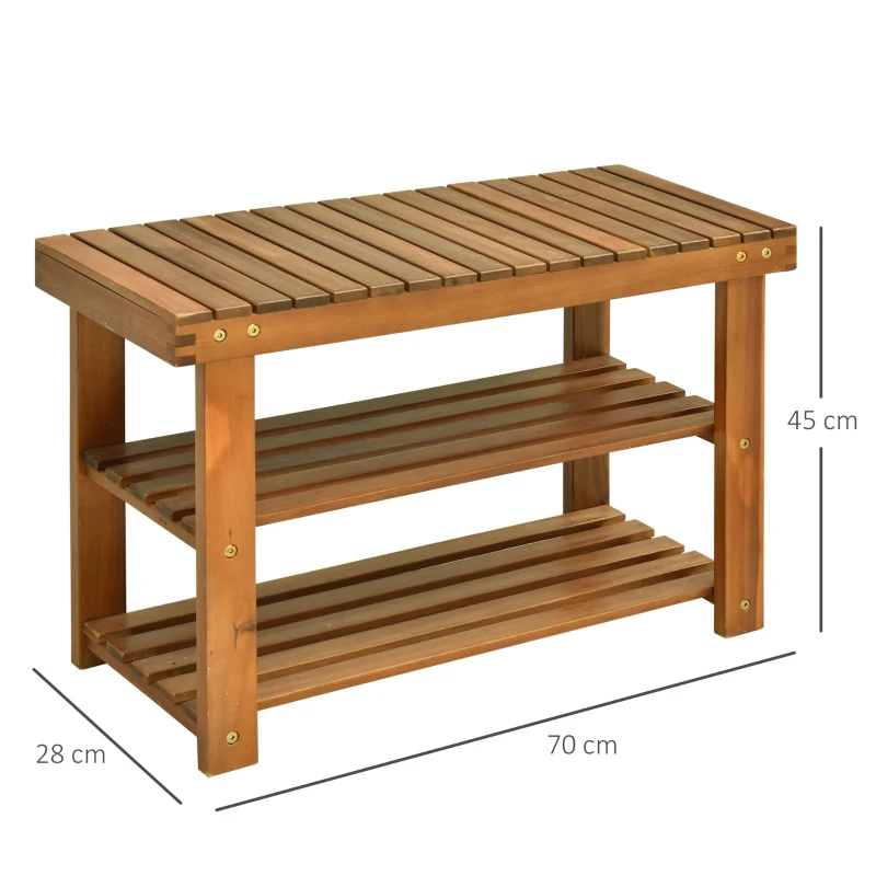 HOMCOM Acacia Wood Shoe Bench,  3-Tier Shoe Storage Rack, Hallway Organizer Shelf, for Entryway, Living Room, Bedroom, 70 x 28 x 45 cm, Teak