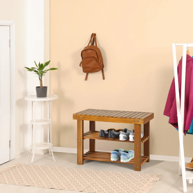HOMCOM Acacia Wood Shoe Bench,  3-Tier Shoe Storage Rack, Hallway Organizer Shelf, for Entryway, Living Room, Bedroom, 70 x 28 x 45 cm, Teak