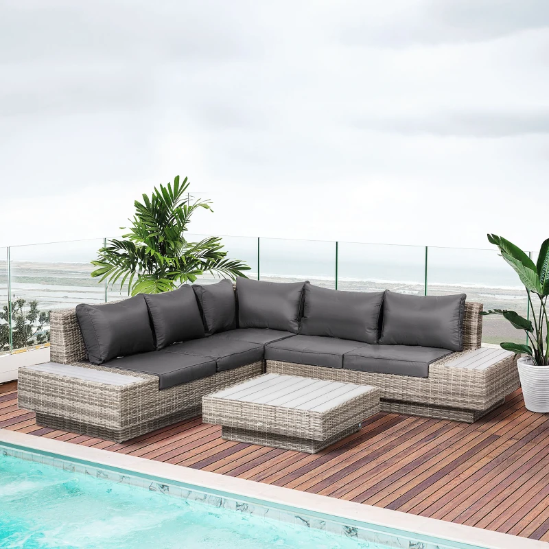 Outsunny 4 PCs Rattan Garden Furniture Outdoor Sectional Corner Sofa and Coffee Table Set - Conservatory Wicker Weave Furniture with Armrest and Cushions, Light Grey