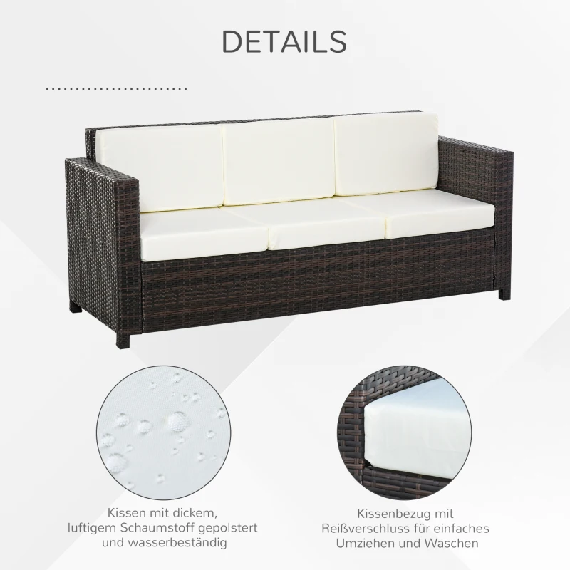 Outsunny Poly-rotan bank met kussens 3-zits loungebank tuin metaal polyester bruin