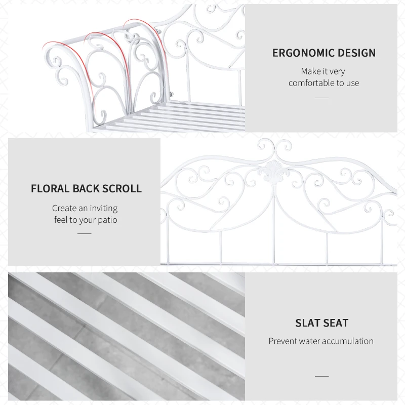 Outsunny 2 Seater Garden Bench, Antique Outdoor Double Seat Chair with Decorative Cast Iron Backrest for Backyard Porch, White