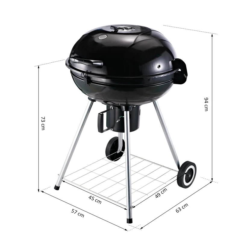 Outsunny Portable Kettle Charcoal Grill W/Wheels, 57Lx63Wx94H cm-Black/Silver