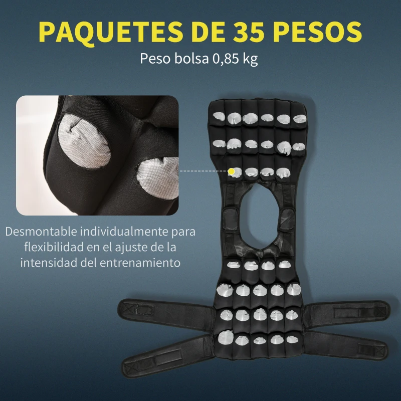 HOMCOM Chaleco de entrenamiento de 30 kg de peso con 35 bolsas de peso entrenamiento de fuerza ajustable fitness Oxford metal negro 60 x 50 cm