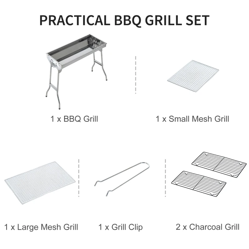 Outsunny Portable Charcoal BBQ Grill, Stainless Steel,73Lx33Wx71H cm-Silver