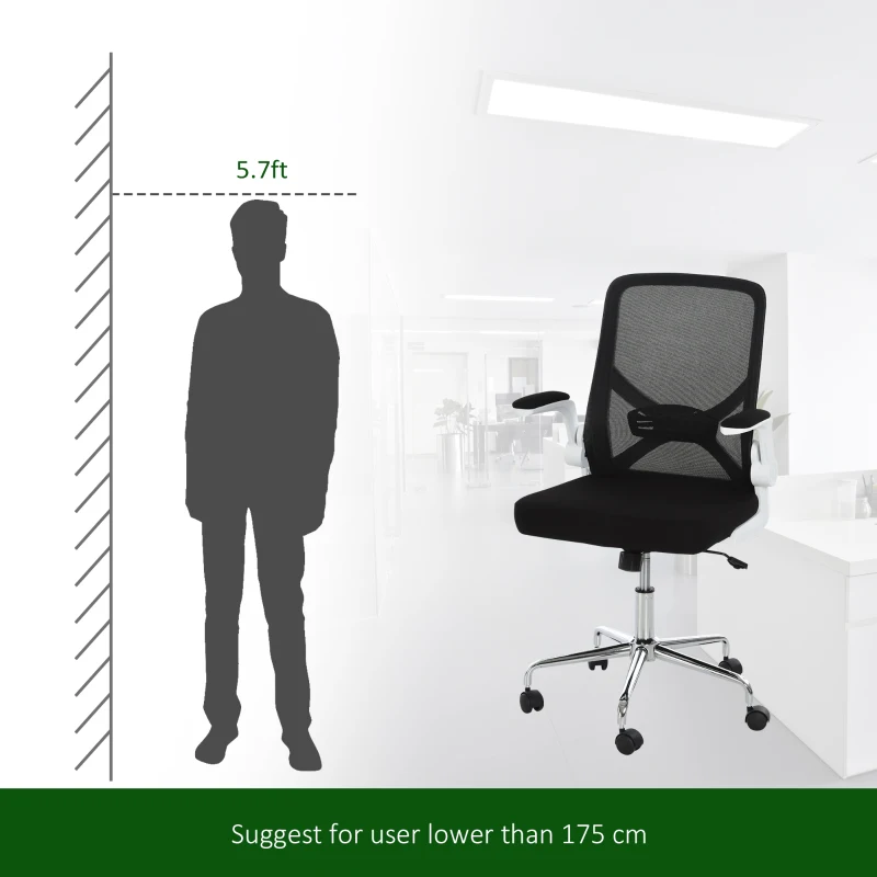 Vinsetto Mesh Swivel Office Chair with Flip-Up Arm, Lumbar Support, Home Task High Back Chair Adjustable Height, Black