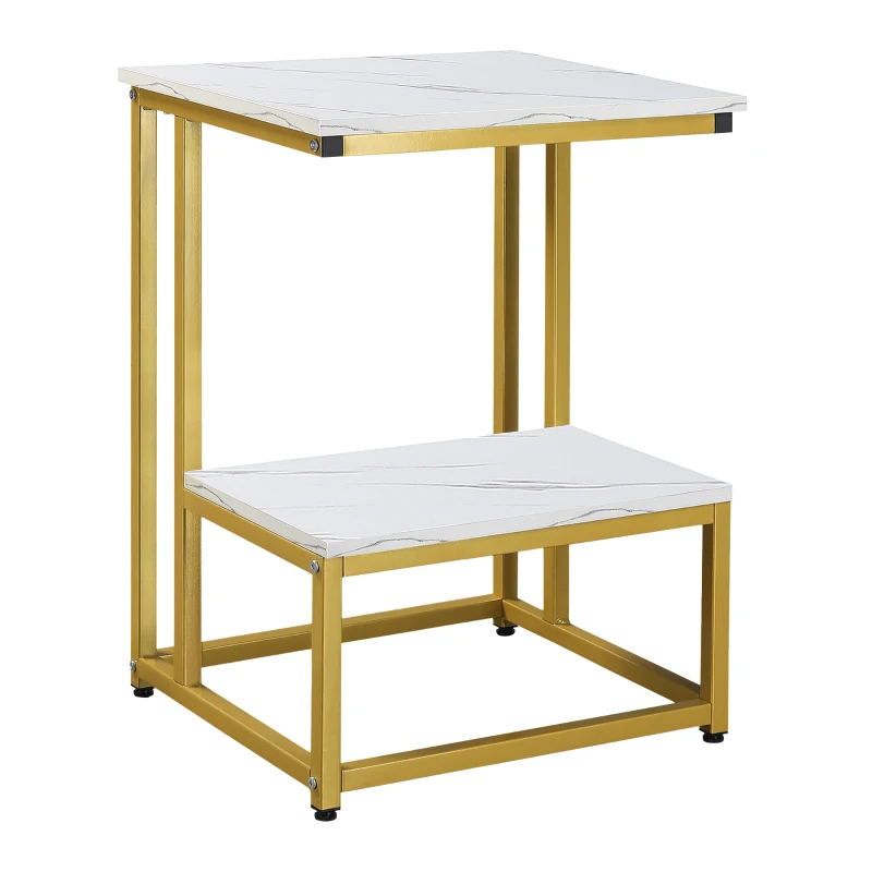 HOMCOM mesa de centro moderna mesa lateral dormitorio balcón mesa de pedestal final del sofá de diseño de estructura de acero dorado estante superior aspecto de mármol blanco