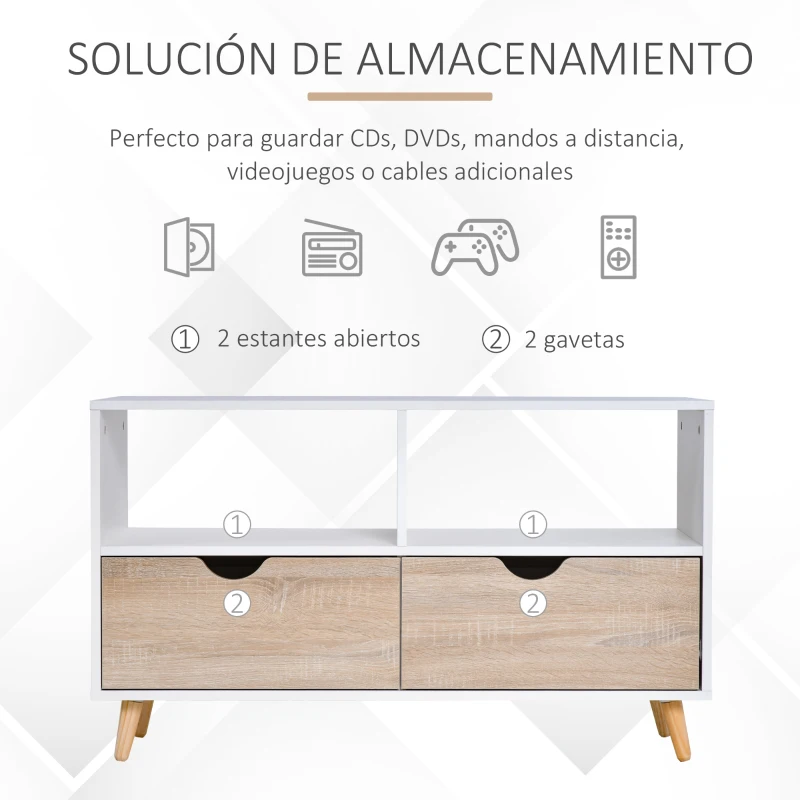 HOMCOM Soporte de TV sobre patas estilo escandinavo 2 cajones roble claro blanco