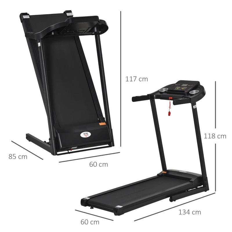 Cinta de correr HOMCOM, plegable, eléctrica, 500 W, 1-12 km/h, pantalla LED, soporte para bebidas y soporte para teléfono móvil, muy adecuada para gimnasio en casa, fitness en interiores, negro, 134 x 60 x 118 cm