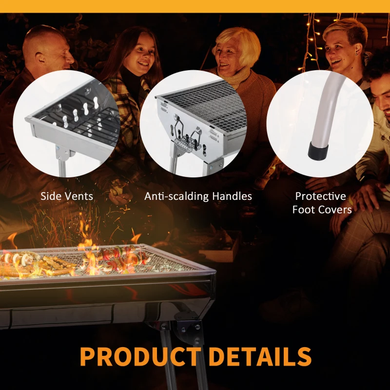 Outsunny Portable Charcoal BBQ Grill, Stainless Steel,73Lx33Wx71H cm-Silver