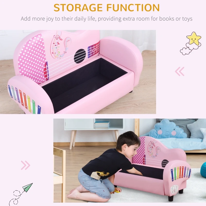 HOMCOM Kids Children Sofa Armchair Piano Shape Multi Functional 2 Seats Couch Storage Box Soft Sturdy Pink