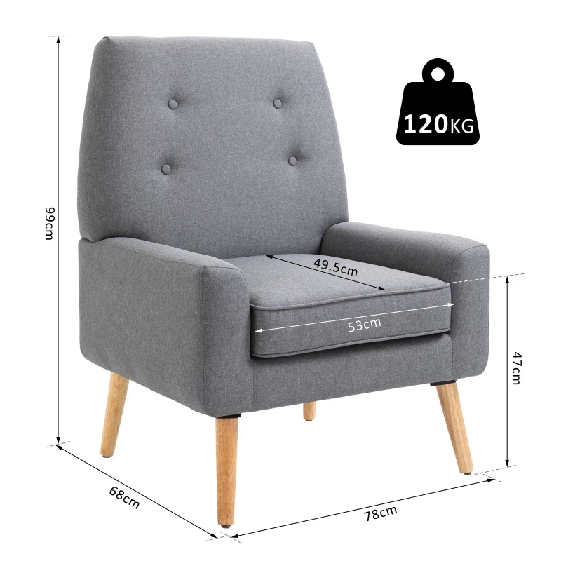HOMCOM Nordic Single Cushion Padded Chair Wooden Armchair  Button Tufted Seat Sponge Scandinavian Living Room Bedroom