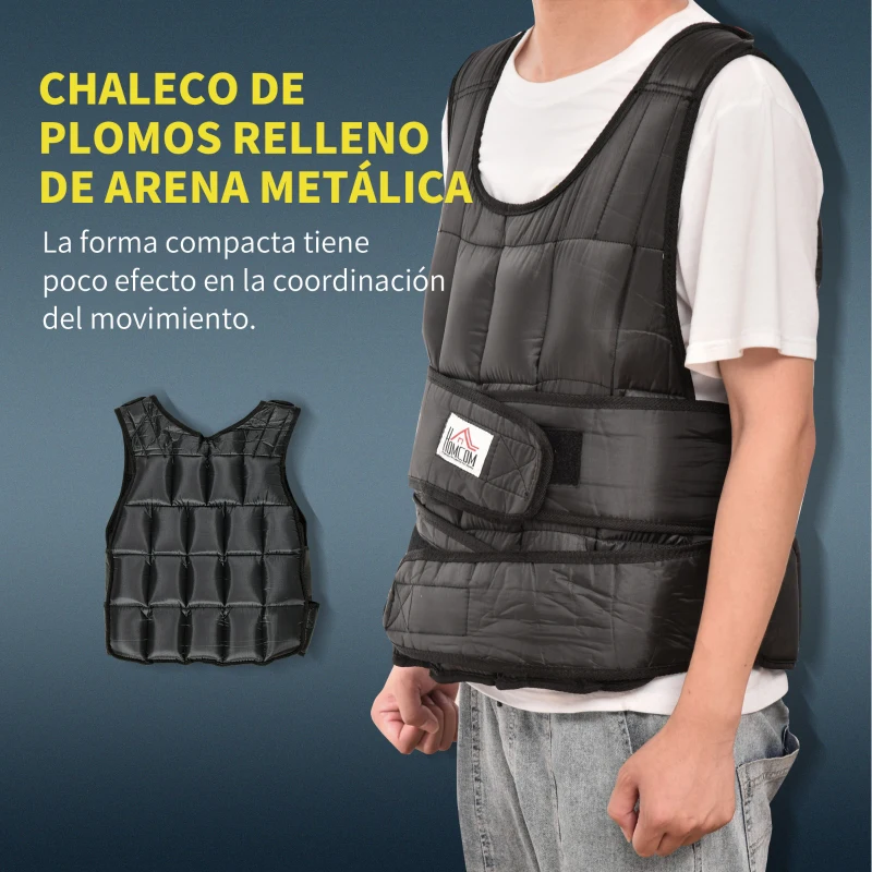 HOMCOM Chaleco de entrenamiento de 30 kg de peso con 35 bolsas de peso entrenamiento de fuerza ajustable fitness Oxford metal negro 60 x 50 cm