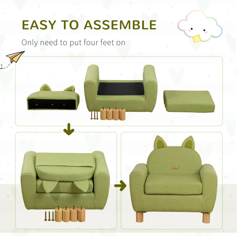 HOMCOM Kids Sofa Toddler Chair Children Armchair for Preschool Bedroom Playroom with Ear Modeling Wood Green