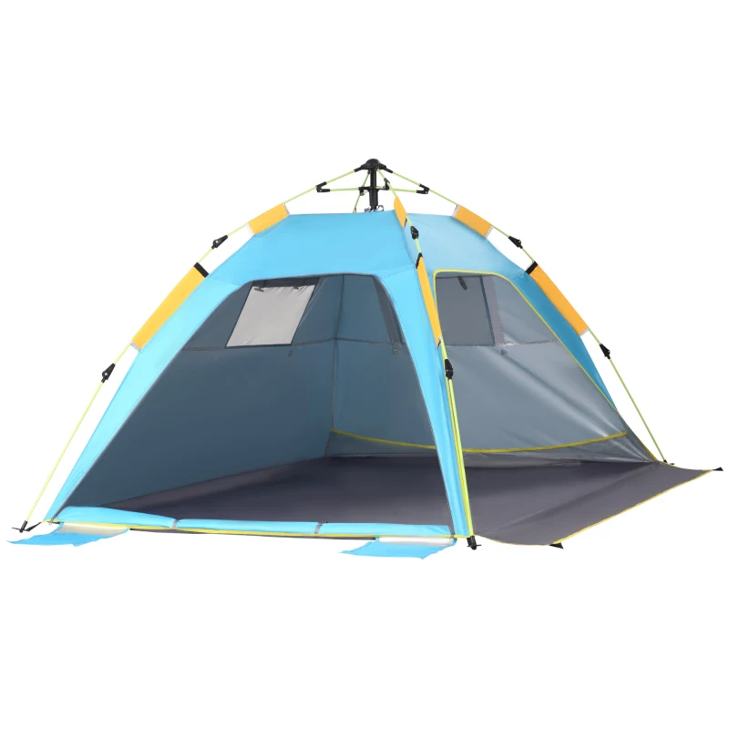 Outsunny 2 Man Pop-up Beach Tent Sun Shade Shelter Hut w/ Windows Doors Hook Sandbags UV Protection Waterproof Outdoor Adventure Garden Light Blue