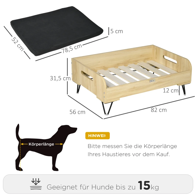 PawHut verhoogde hondenmand met beschermrand en handvatten, eiken+zwart, 82 x 56 x 31,5 cm