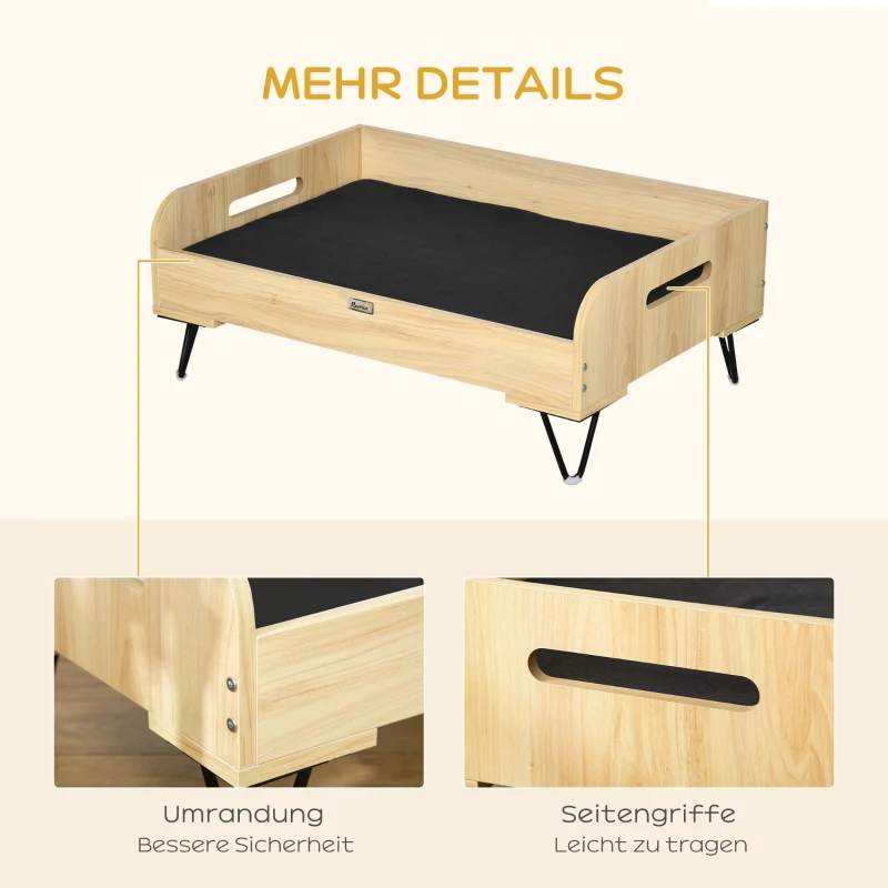 PawHut verhoogde hondenmand met beschermrand en handvatten, eiken+zwart, 82 x 56 x 31,5 cm