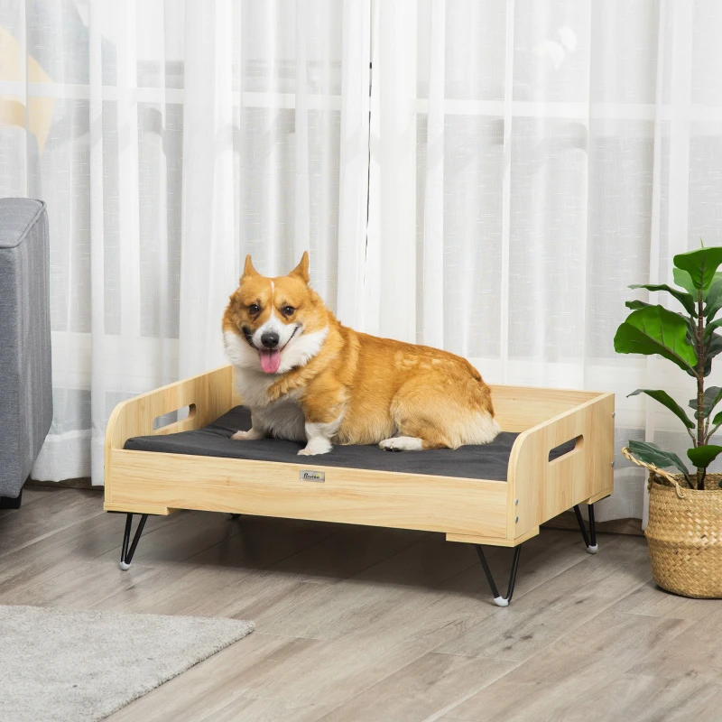 PawHut verhoogde hondenmand met beschermrand en handvatten, eiken+zwart, 82 x 56 x 31,5 cm