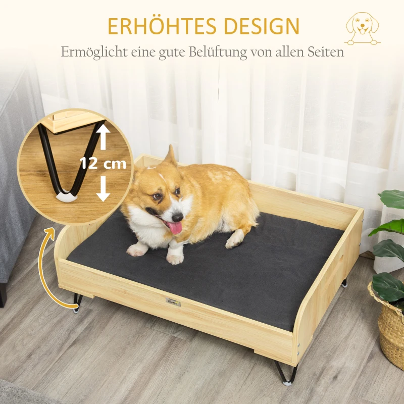 PawHut verhoogde hondenmand met beschermrand en handvatten, eiken+zwart, 82 x 56 x 31,5 cm