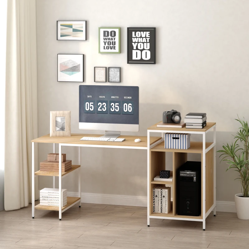 HOMCOM Bureau Informatique multimédia avec Multi-rangements Grand Plateau Panneaux Particules Blanc Aspect chêne