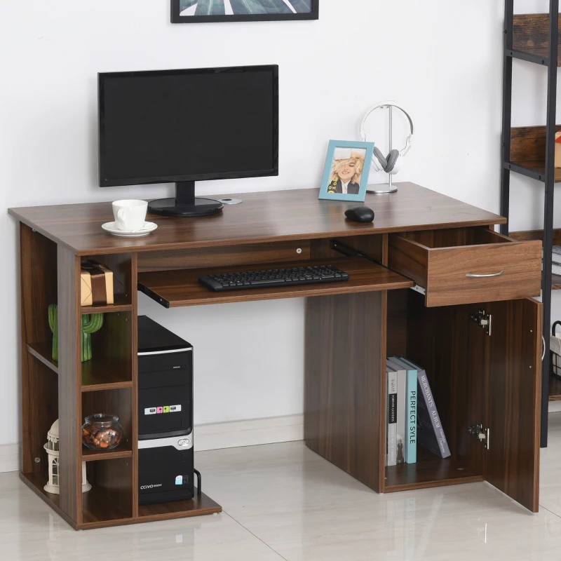 HOMCOM Bureau informatique table d'ordinateur multimédia multi-rangements avec étagère tiroir tablette clavier MDF 120 x 60 x 74 cm noyer