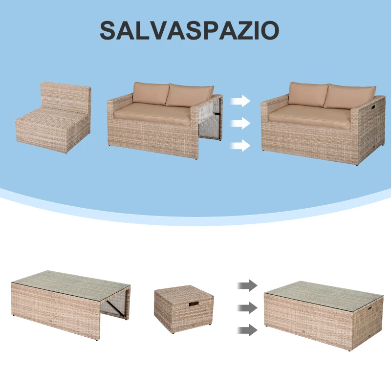 Outsunny Set 6 Pezzi Salotto da Esterni con Divano Poltrona Pouf | Mobili da Giardino Salvaspazio | Colore: Cachi, Beige