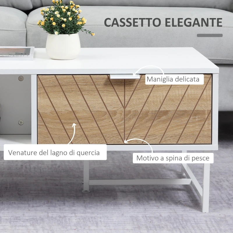 HOMCOM Tavolino da Salotto Rettangolare con Cassetti in Legno e Metallo, 100x50x40cm - Bianco