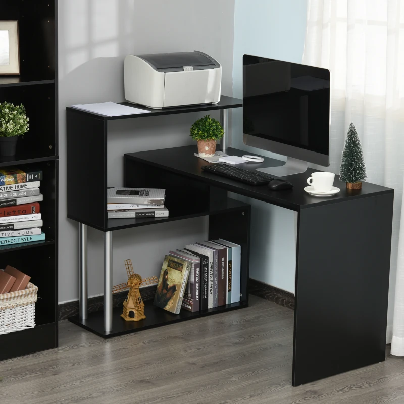 HOMCOM Bureau d'angle Design Contemporain bibliothèque intégrée en S Panneaux Particules Noir Alliage alu.