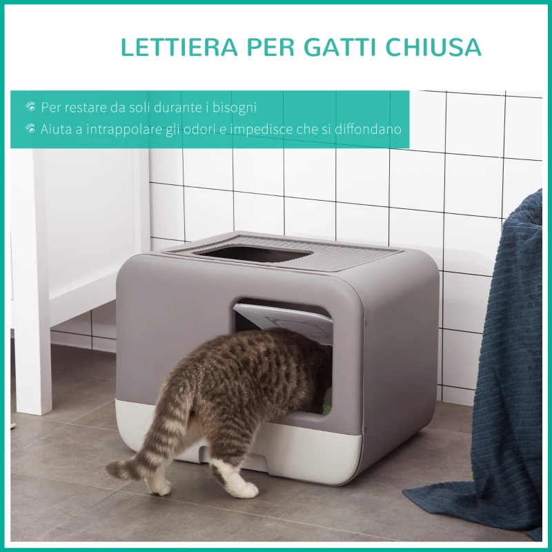 PawHut Lettiera Coperta per Gatti con Coperchio a 2 Entrate, Palettina e Vassoio Estraibile, Grigio Scuro