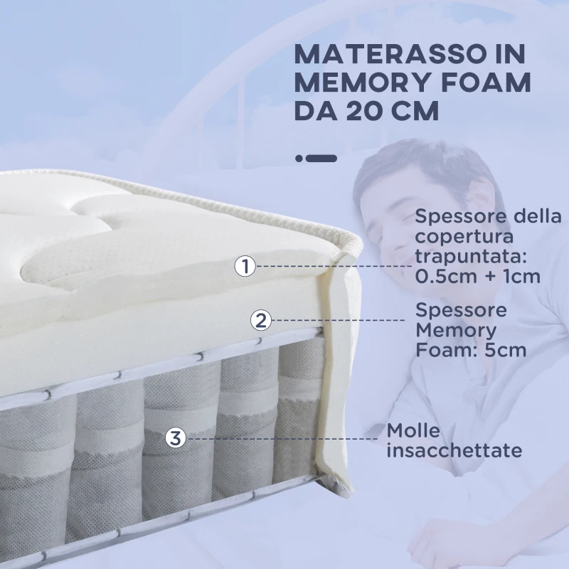 HOMCOM Materasso Matrimoniale 180x190x20 cm in Memory Foam con Molle Insacchettate e Fodera Trapuntata Traspirante