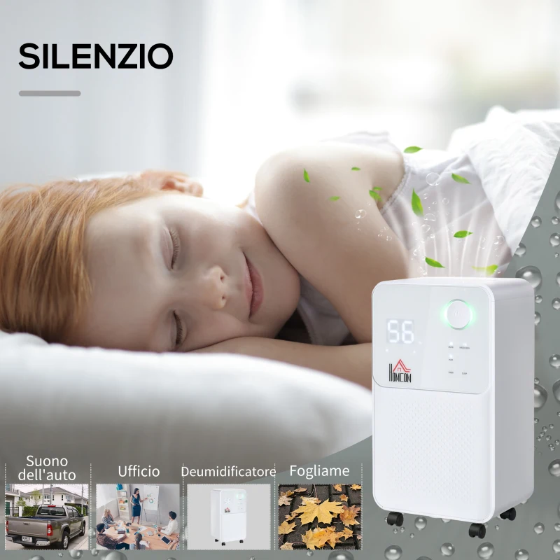 HOMCOM Deumidificatore Portatile da 12L, 4 Modalità e 2 Velocità, Timer 24h, 28x20x50.5cm, Bianco